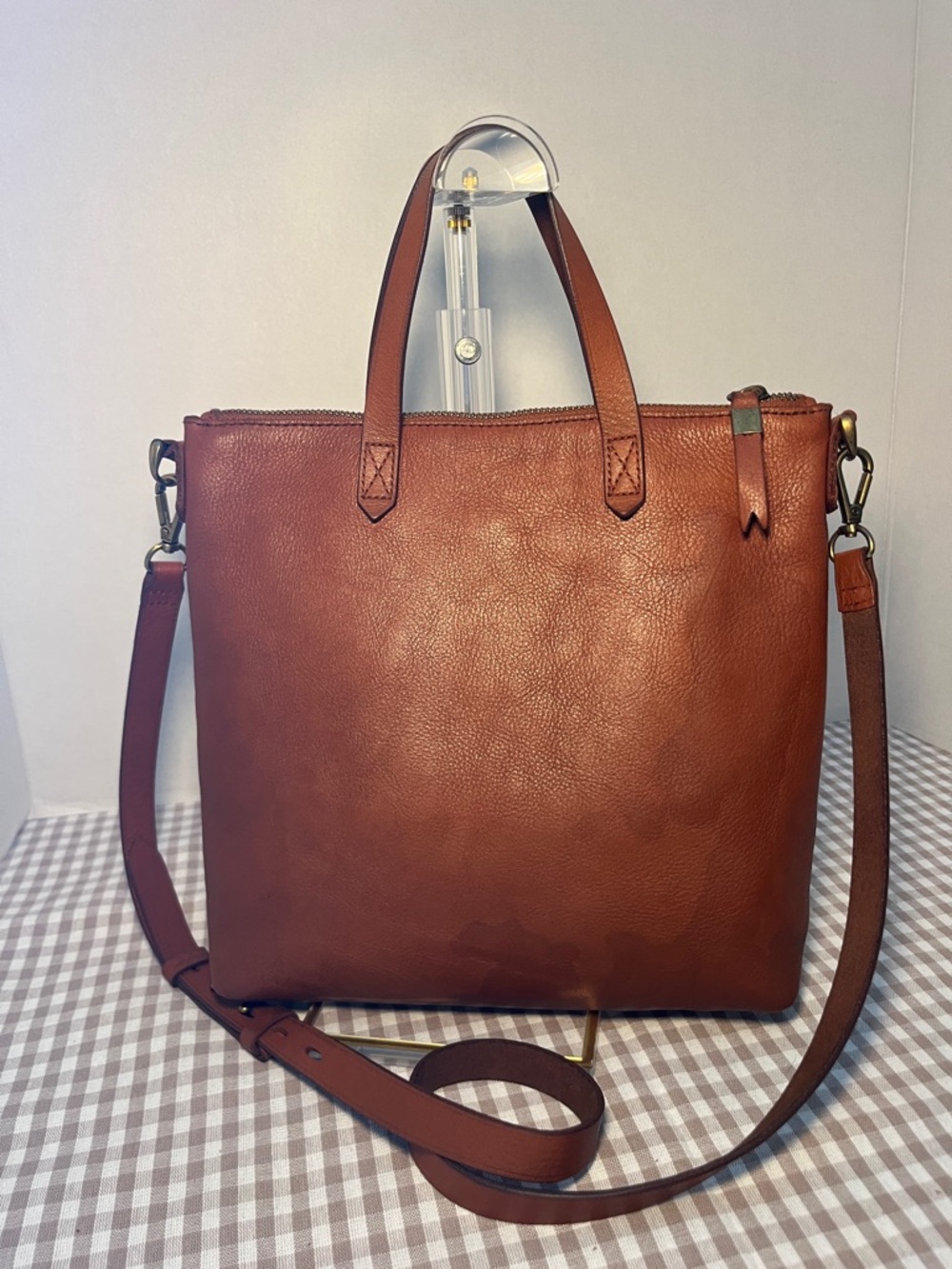 Brown Madewell Leather Zip Top Transport Tote With Crossbody Strap